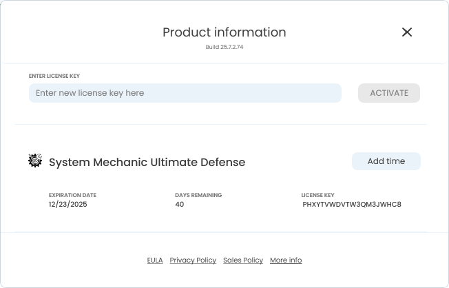 System Mechanic latest version product information window System Mechanic Build/Version