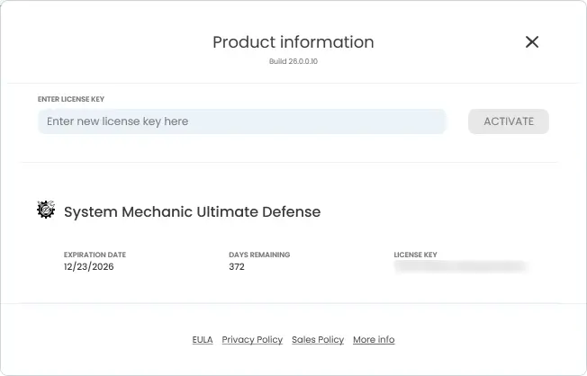 System Mechanic Product Information Window