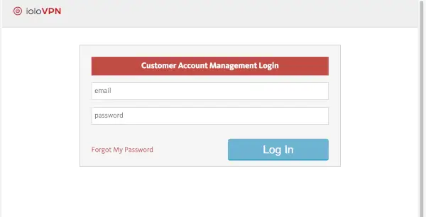 ioloVPN Account Management Login Screen
