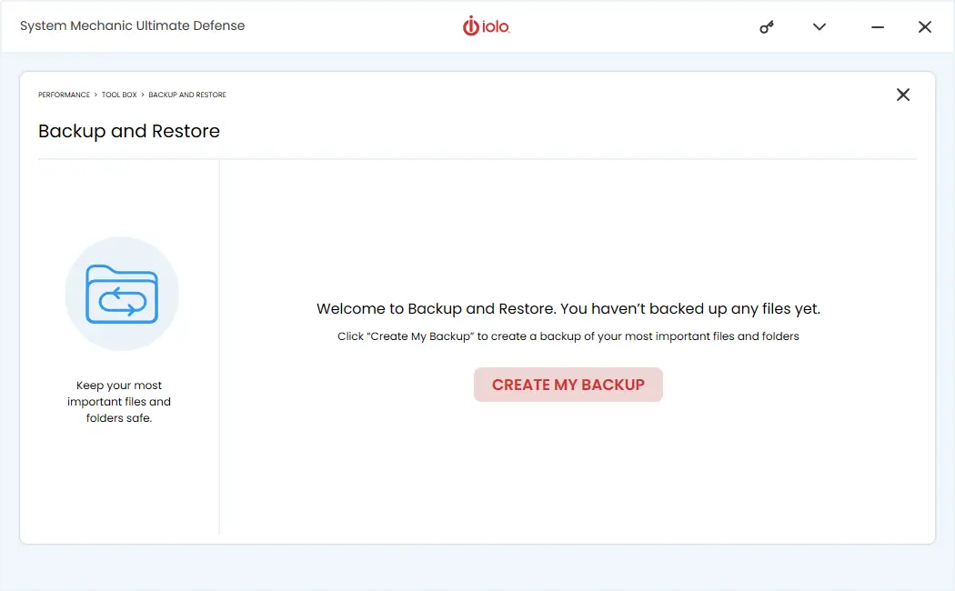 iolo System Mechanic Ultimate Defense - Backup and Restore main window