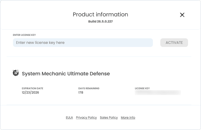 Product information window showing the version build of System Mechanic System Mechanic Product Information Window
