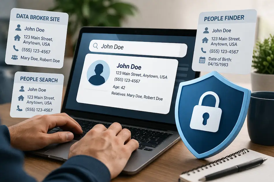 Laptop displaying exposed personal data from broker and people-search sites beside a privacy shield symbolizing online protection