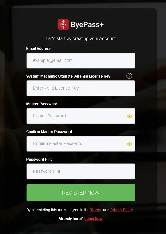 ByePass+ Create Account Window