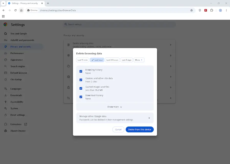 Clear Google Chrome browsing data and cookies