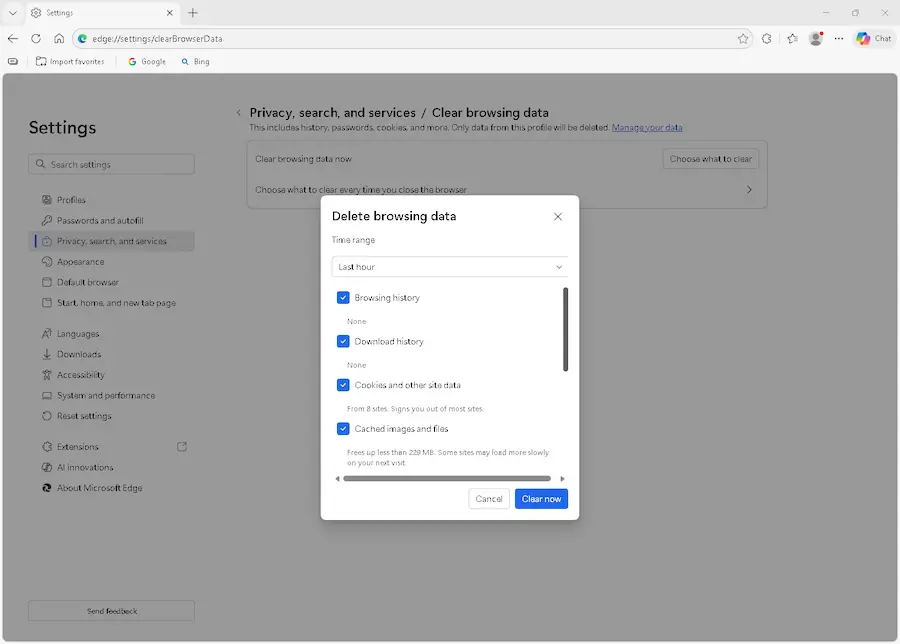 Clear Microsoft Edge browsing data and cookies
