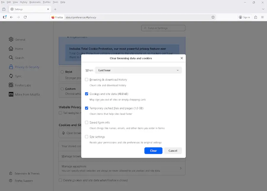 Clear Mozilla Firefox browsing data and cookies