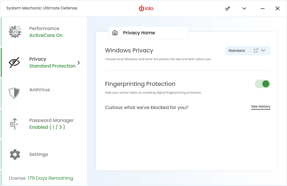 System Mechanic Ultimate Defense - Fingerprinting Protection