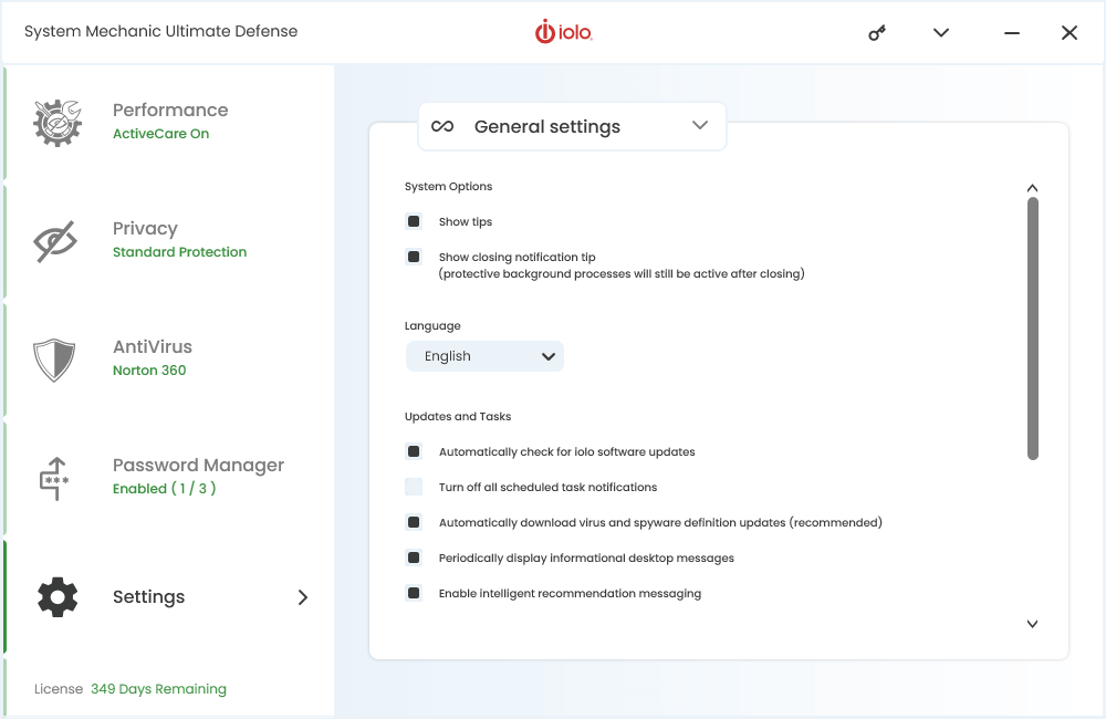 System Mechanic General Settings