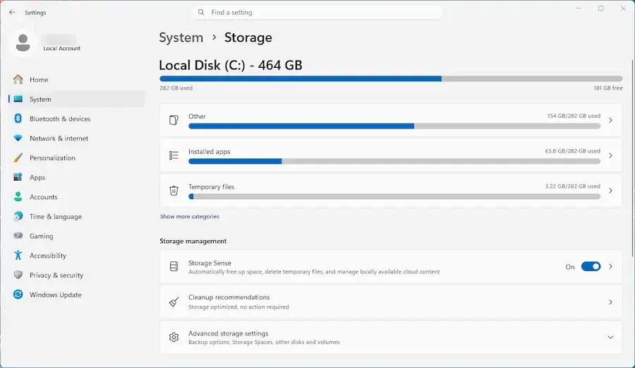 Windows 11 Storage Settings, Storage Sense