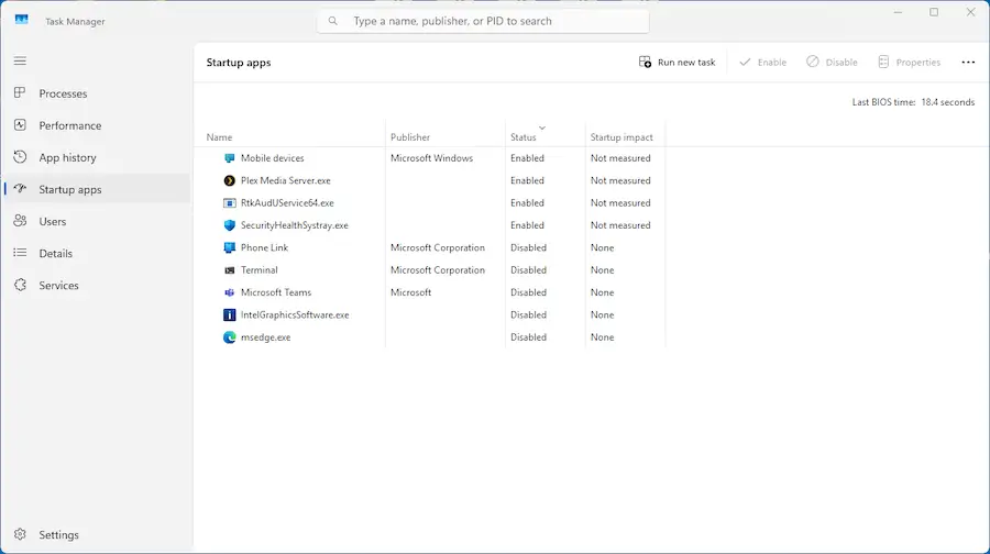 Windows 11 Task Manager, Startup Apps